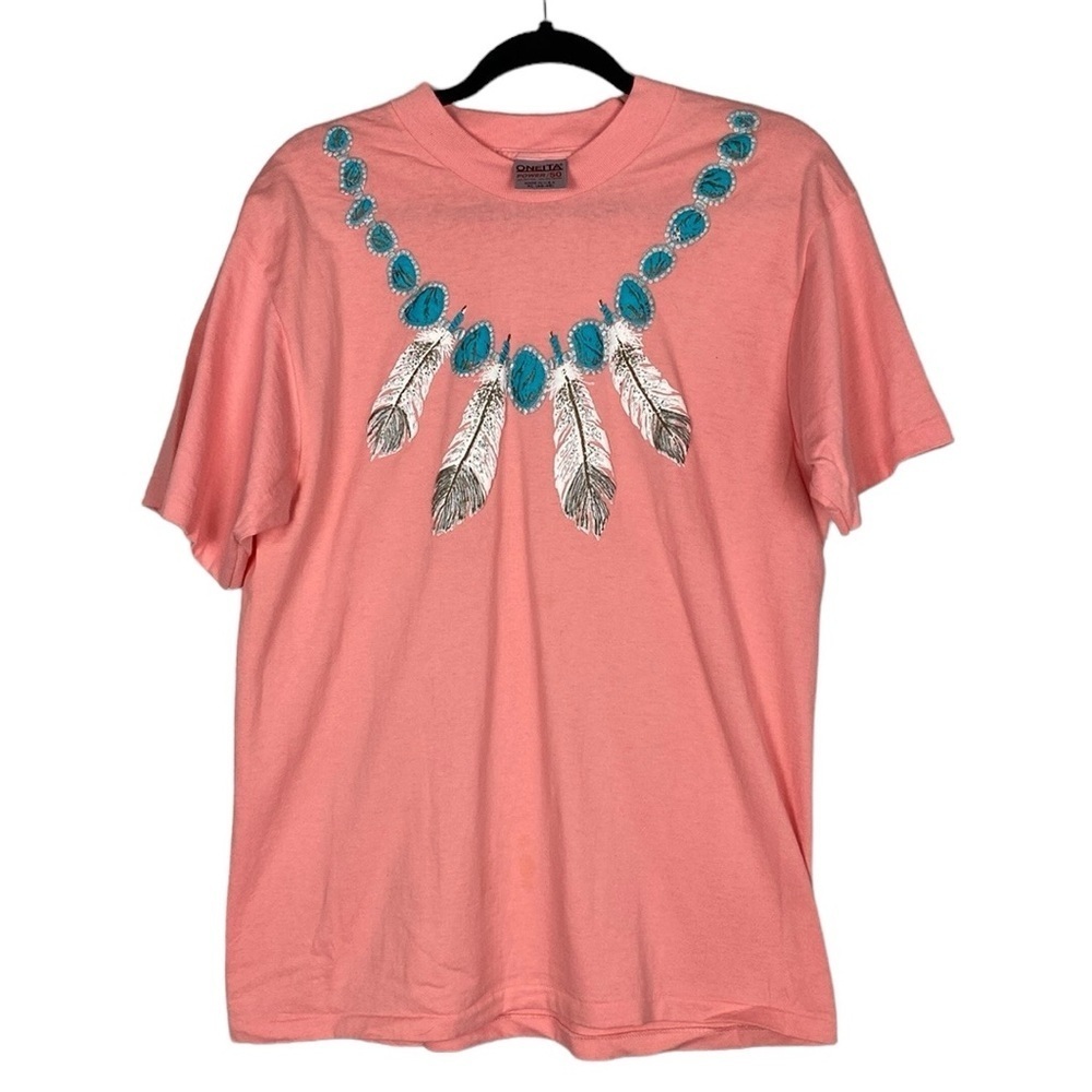 Vintage single stitch, turquoise feather necklace, T-shirt